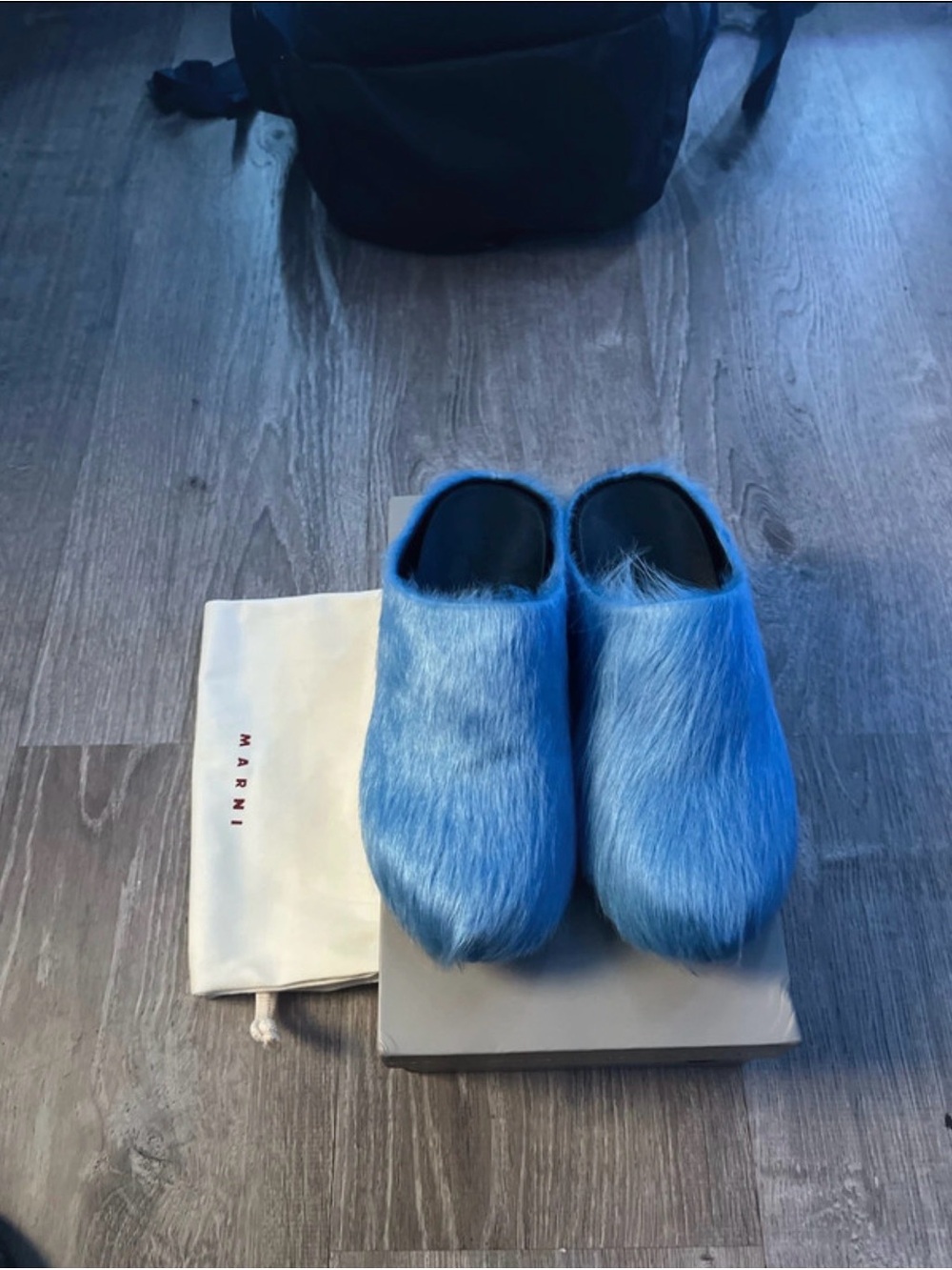 Marni Electric Blue Faux Fur Slip-On Clogs